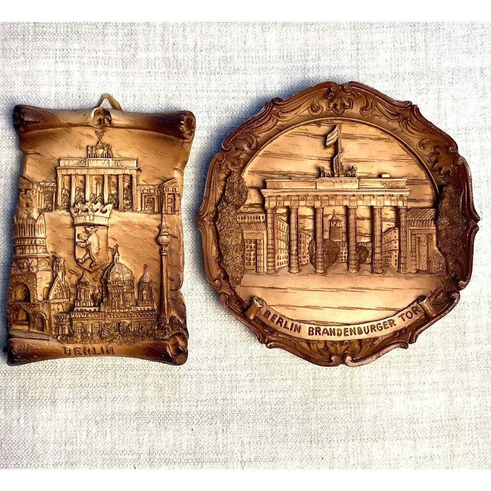 2 Vintage German Souvenir Wall Plates Brandenburg Gate Berlin Wood